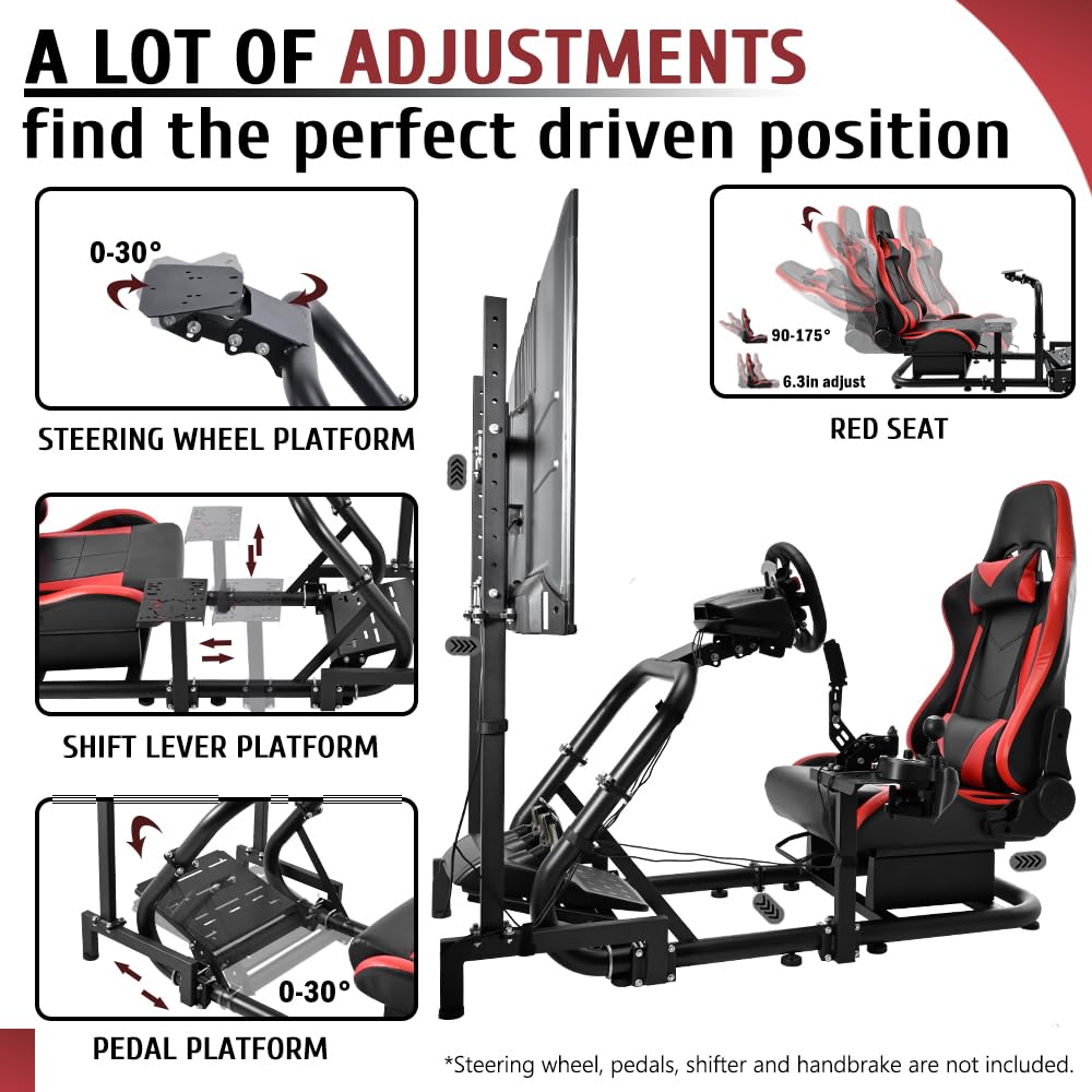 Supllueer Racing Cockpit Stand with Monitor Mount,Racing Wheel Stand with Red Seat Fit for Logitech G25 G27 G29 G920, for Thrustmaster T248, No Steering Wheel Shift Lever Pedal Display