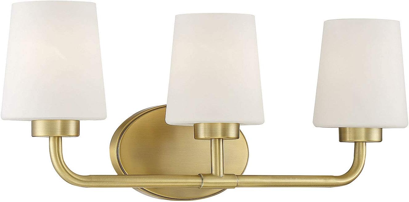 Savoy House 8-4090-3-322 Capra Mid-Century Modern White Opal Glass Bathroom Vanity Wall Light, 3-Light 180 Total Watts, 9' H x 22' W, Warm Brass