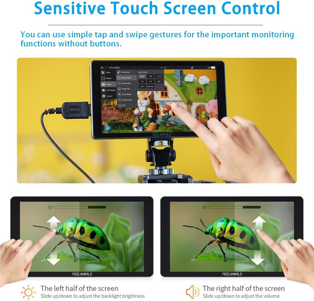 FEELWORLD P6XL 6 Inch Camera Monitor, 1200nit IPS Touch Screen 1920x1080 Built-in 3000mAh Battery Camera Field Monitor with Sunshade, Video Assist HDR Waveform Focus Peaking 3D LUT 4K HDMI