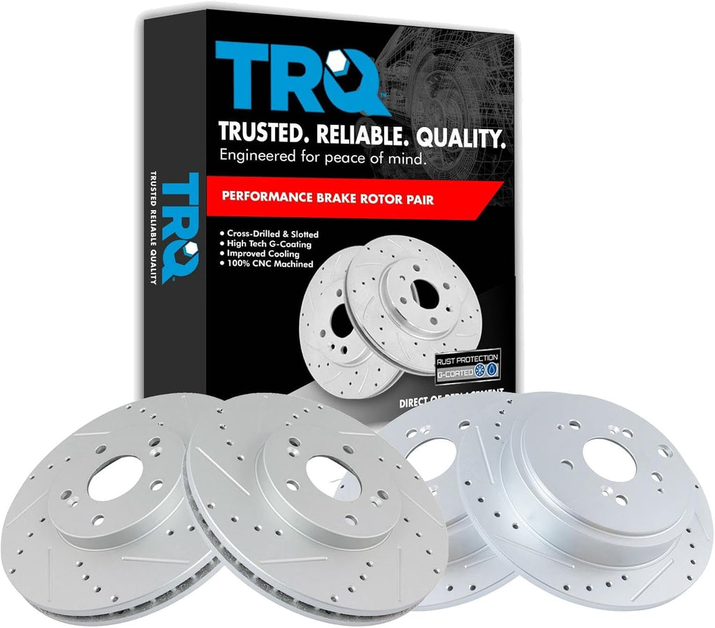 TRQ Performance Front and Rear Brake Rotor Set G Coated Drilled and Slotted Vented Solid Compatible with 2001-2006 Acura MDX 2003-2008 Honda Pilot