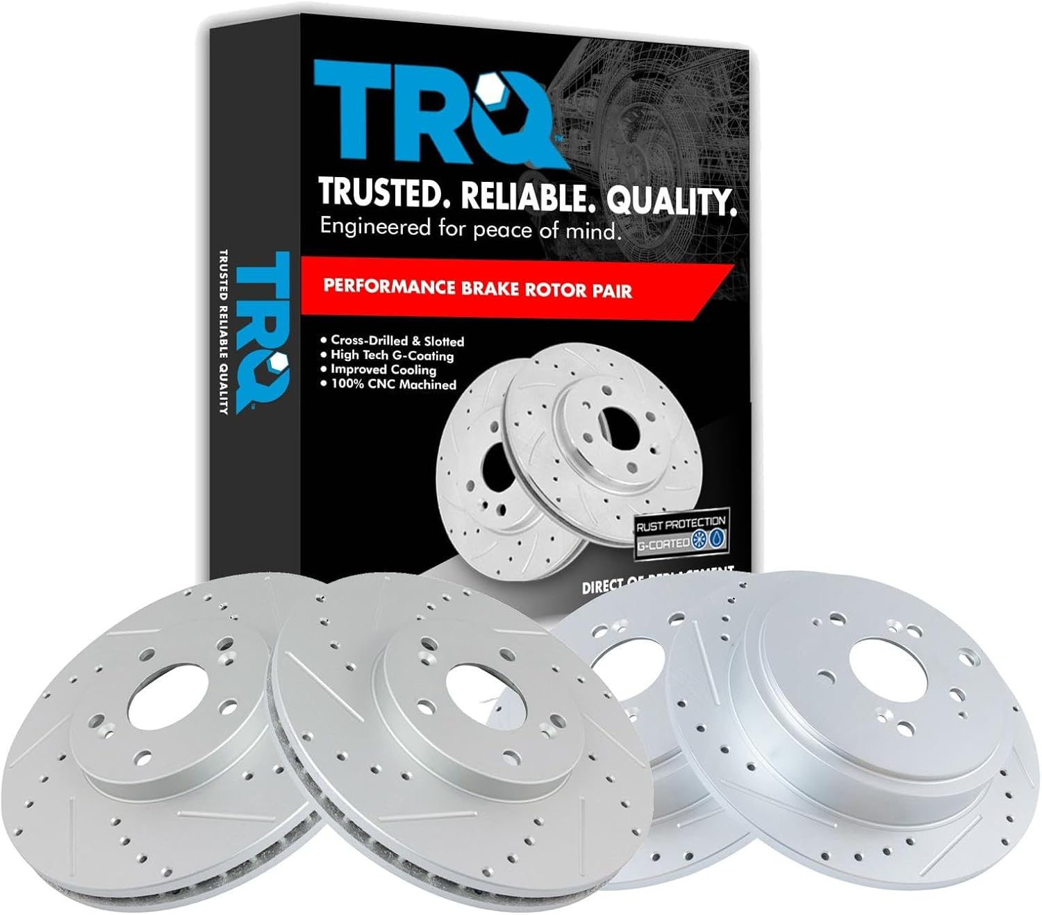 TRQ Performance Front and Rear Brake Rotor Set G Coated Drilled and Slotted Vented Solid Compatible with 2001-2006 Acura MDX 2003-2008 Honda Pilot