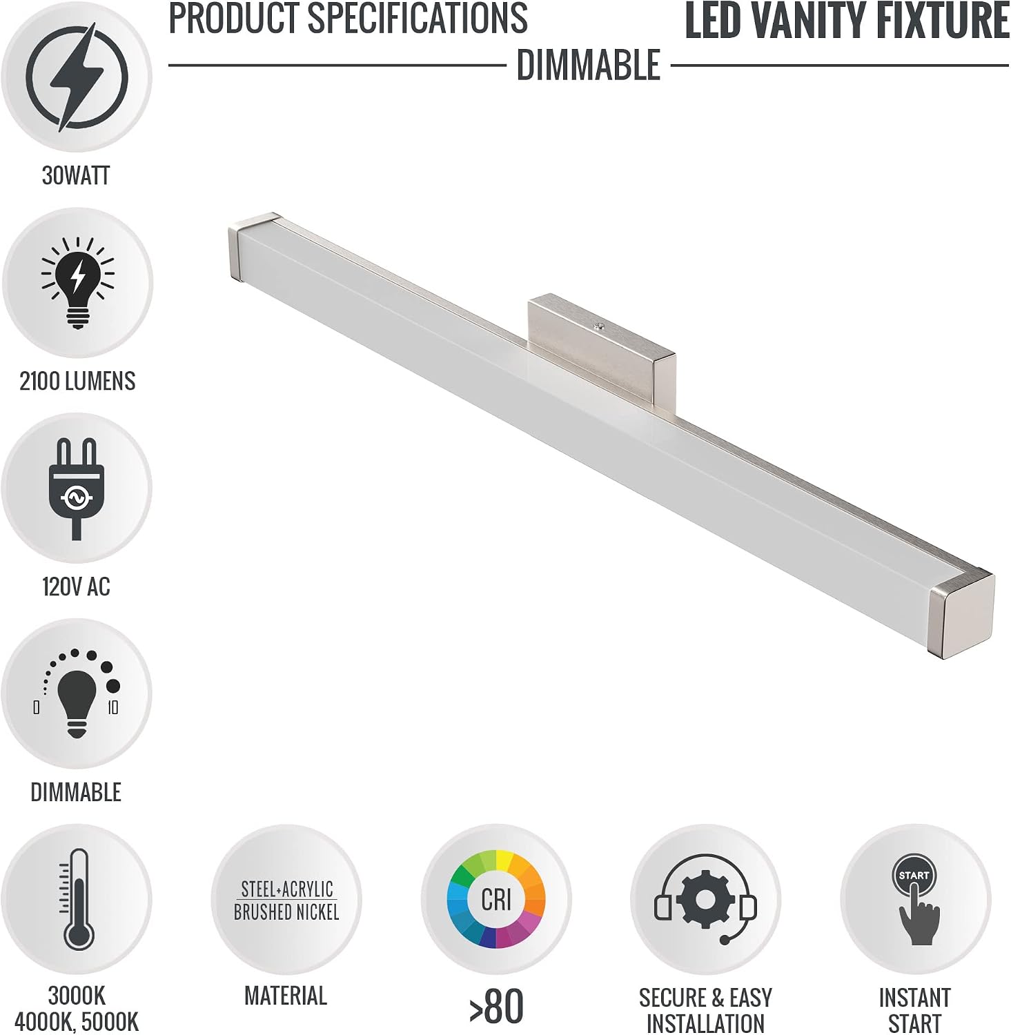 LEDMyplace 36-inch LED Modern Bathroom Vanity Light Fixtures Over Mirror, 30W Dimmable Indoor Lighting, 3000K/4000K/5000K CCT Changeable, 2100 Lumens, Brushed Nickel Wall Mounted Bath Light Bar