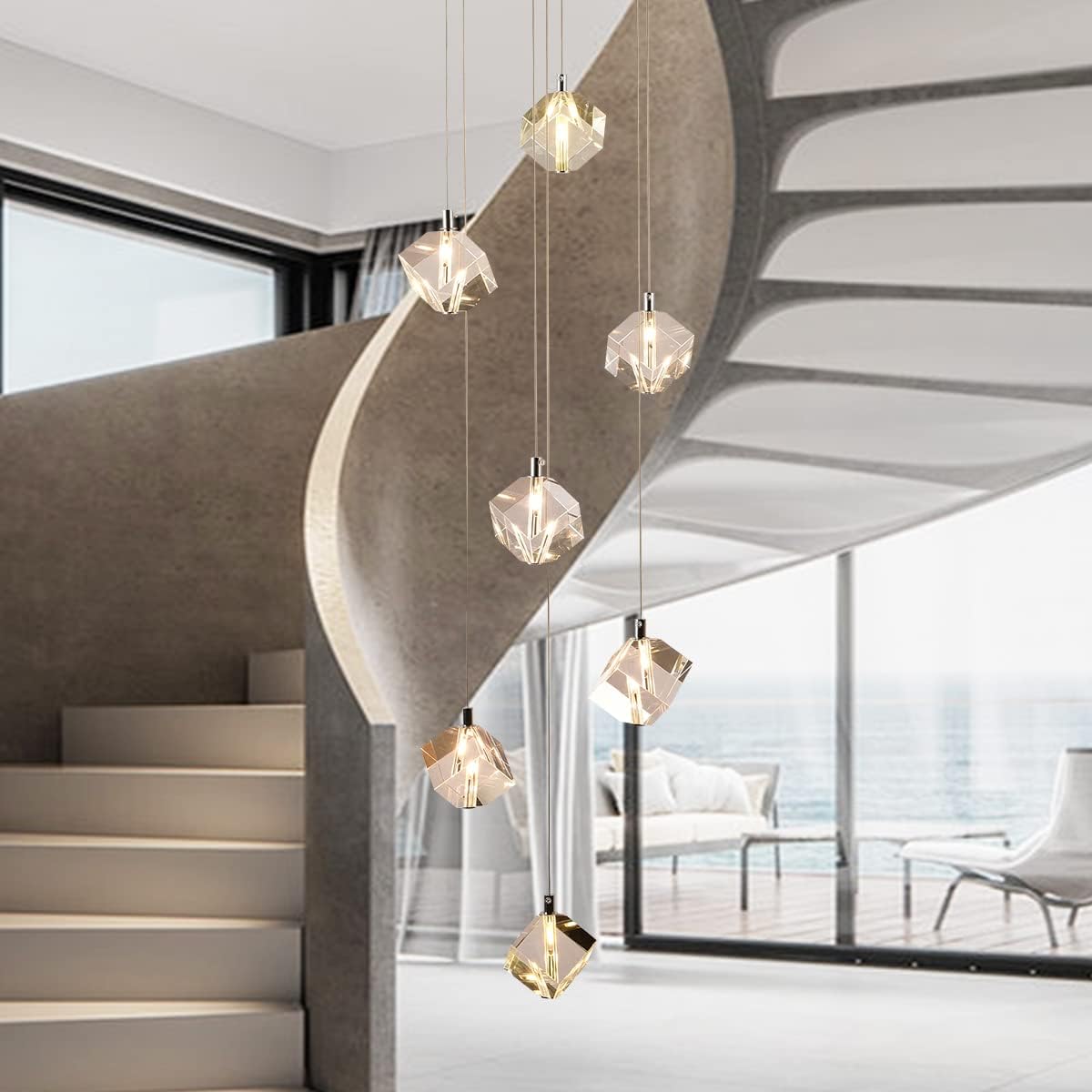 Cube Raindrop Staircase Chandelier, 7-Light Modern Cut Crystal Cluster Pendant Lights, 21W High Ceiling Square Crystal Foyer Chandelier Lighting Fixture for Living Room, Chrome