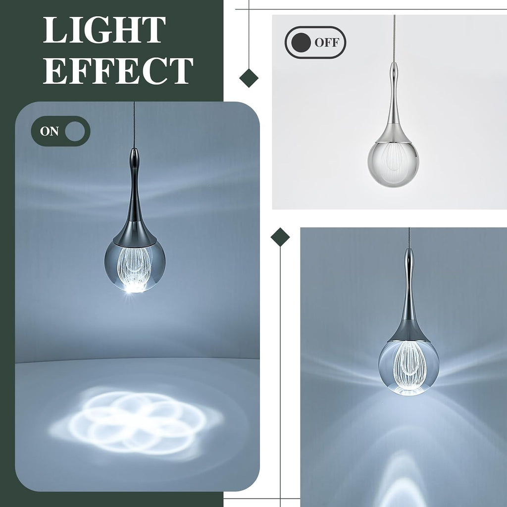 LED Pendant Light Kitchen Island Raindrop Crystal Pendant Lights Dimmable Chrome Modern Hanging Light for Bedroom Bathroom Living Room 6000K Cool White, 3 Pack