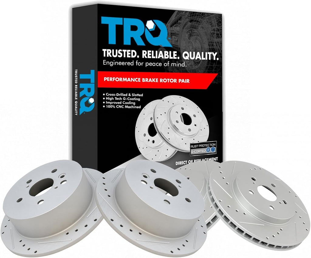 TRQ Performance Front and Rear Brake Rotor Set G Coated Drilled and Slotted Compatible with 2004-2006 Lexus RX330 2007-2009 RX350 2006-2008 RX400h 2006-2007 Toyota Highlander