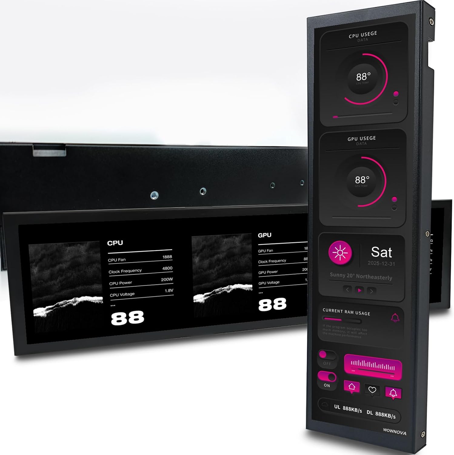 WOWNOVA 9.2' LCD Screen Inside PC Case Computer Temp Monitor Screen, 1 Click 1 Cable to Get Started Quickly PC Temperature Display IPS Sensor Panel CPU RAM HDD Data FPS Mini Monitor (Black)
