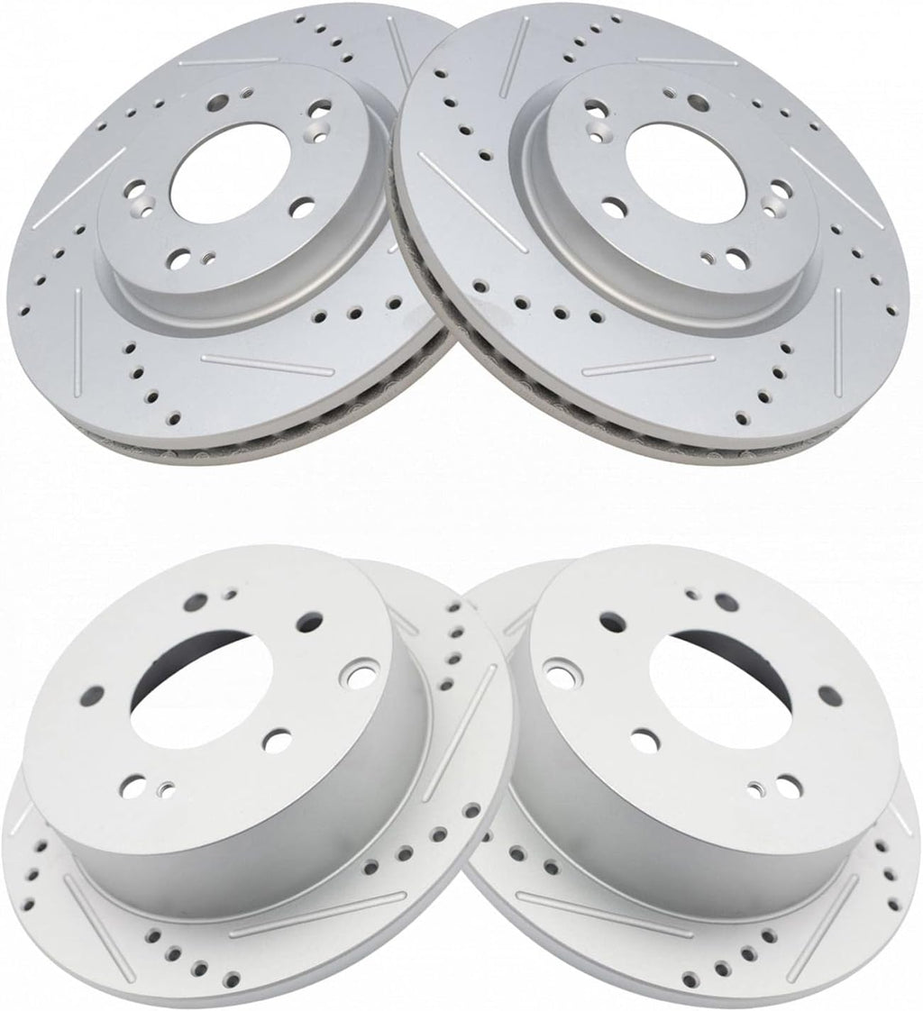 TRQ Front & Rear Brake Rotors Set Performance Premium G-Coated Slotted X Drilled Compatible with 2006-2012 Mitsubishi Eclipse 2004-2009 Galant