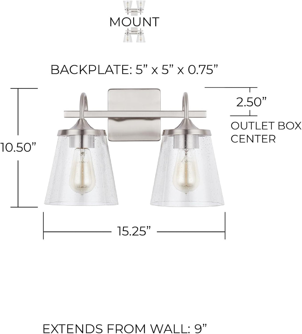 Capital Lighting 139122BN-496 Jayne Mid-Century seeded Cone Glass Bath Vanity Wall Mount, 2-Light 200 Total Watts, 11' H x 15' W, Brushed Nickel