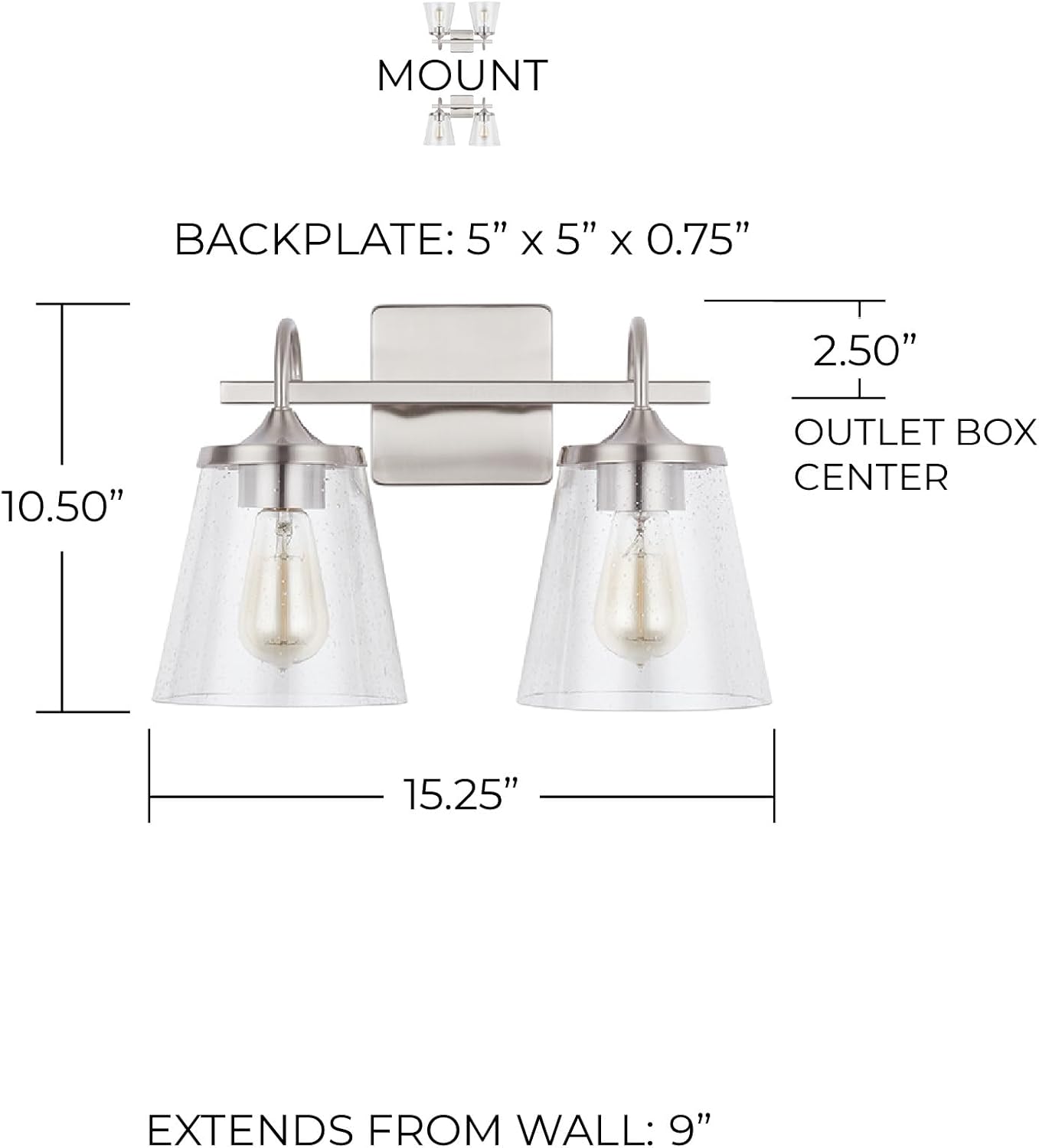 Capital Lighting 139122BN-496 Jayne Mid-Century seeded Cone Glass Bath Vanity Wall Mount, 2-Light 200 Total Watts, 11' H x 15' W, Brushed Nickel