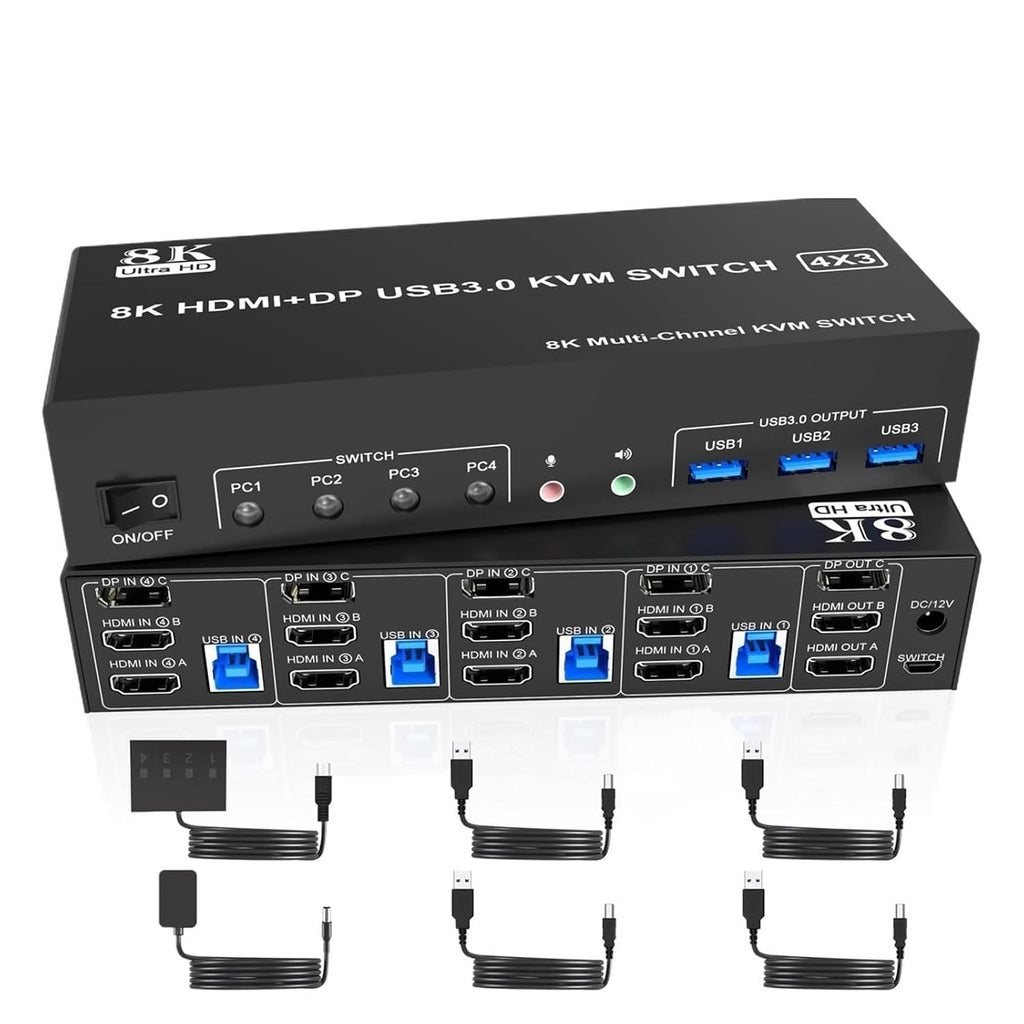 8K Displayport +2 HDMI USB 3.0 KVM Switch 3 Monitors 4 Computers,Triple Monitor KVM Switch with Audio Microphone + 3 USB3.0 Port(TA403-3D,AU Plug)