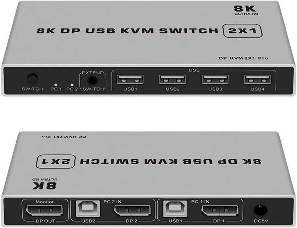 Displayport KVM Switch 2x1 4K 60Hz 8K DP USB 2 in 1 Out for PC Share Mouse Keyboad Monitor with Desktop Controller(8K Version)