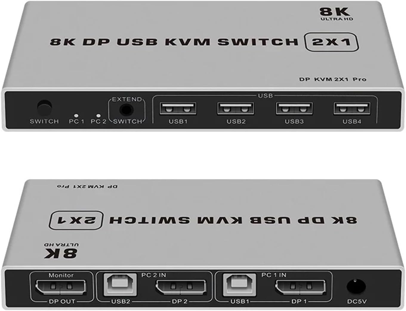 Displayport KVM Switch 2x1 4K 60Hz 8K DP USB 2 in 1 Out for PC Share Mouse Keyboad Monitor with Desktop Controller(8K Version)