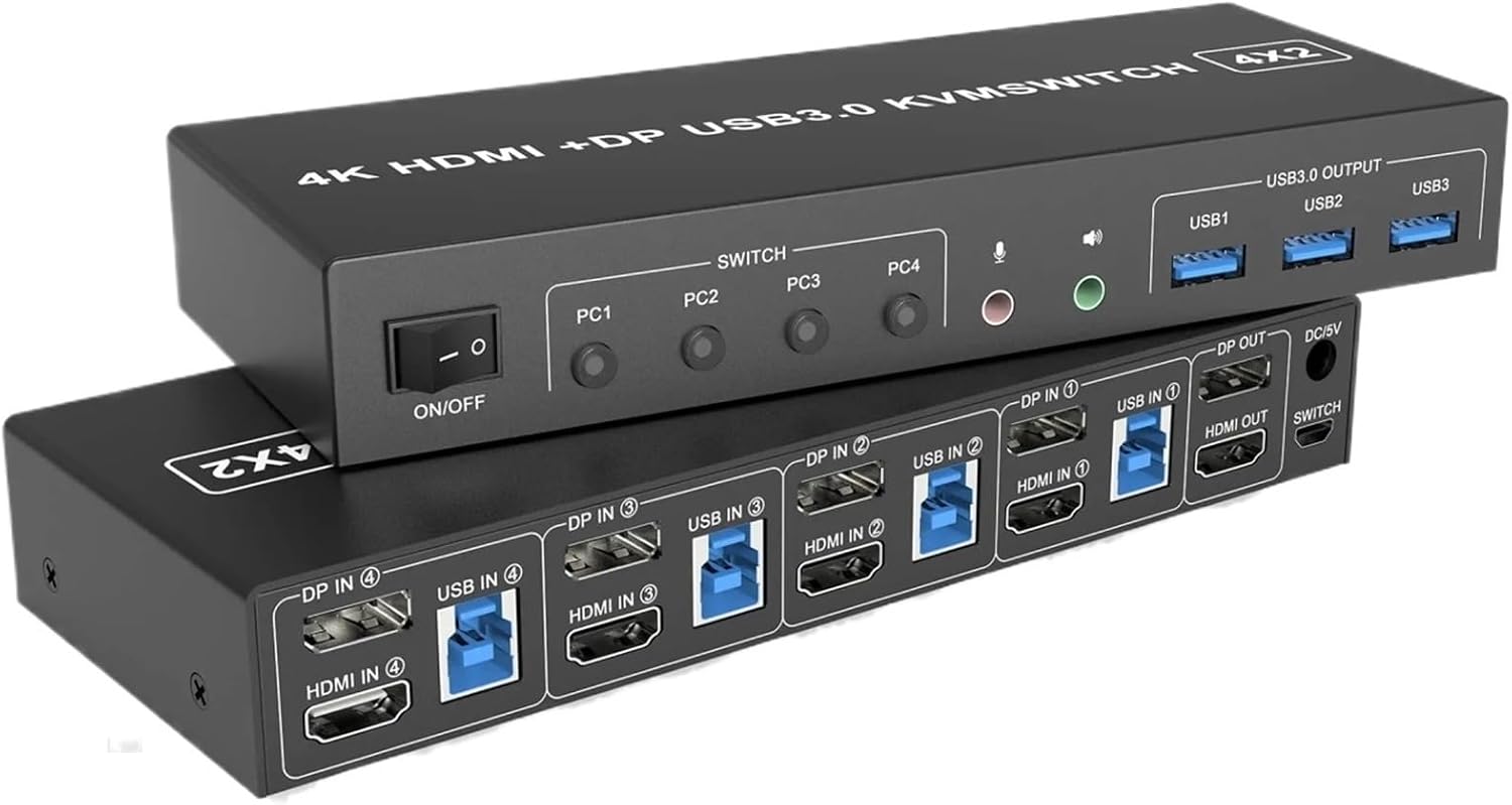 USB 3.0 KVM Switch Displayport+HDMI 2 Monitors 4 Computers,Dual Monitor KVM Switch with Audio Microphone Output 3 USB 3.0 Ports(EU Power Adapter)
