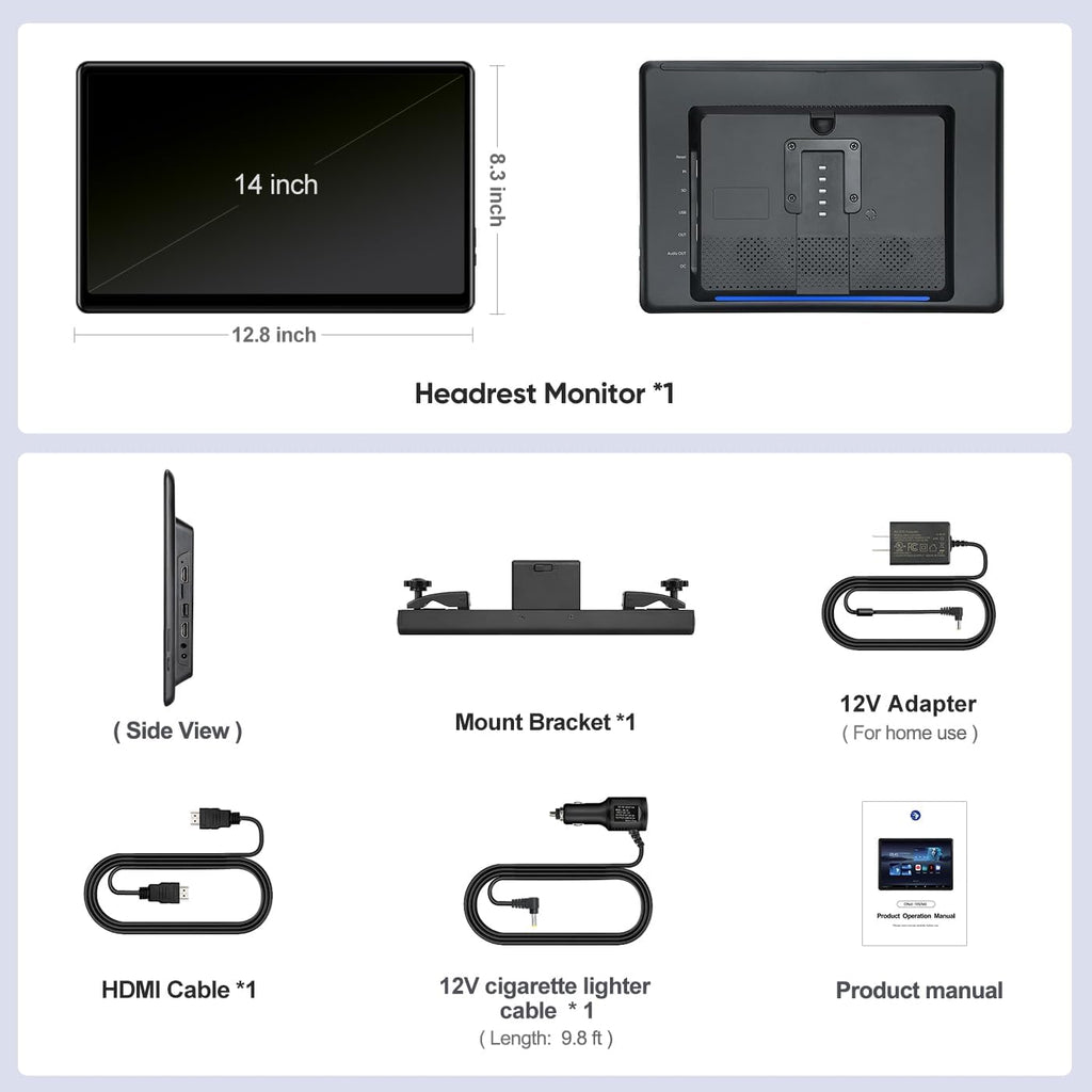 14inch Android Portable Car TV Headrest Monitor Tablet for Cars Back seat Support Phone Wireless mirroring Touchscreen with WiFi/Bluetooth/HDMI/USB/Video Player 4+64G 1pc