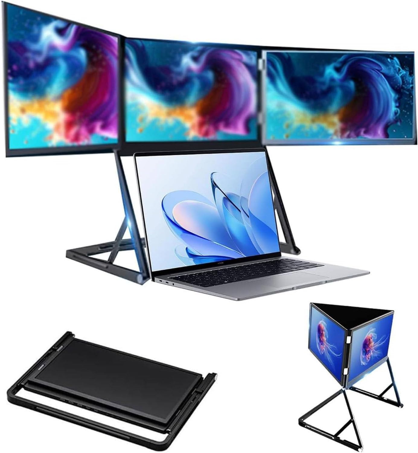15.6' Laptop Screen Extender Monitor, Portable Tri-Fold Monitor for Laptop, 15.6 Inch FHD 1080P Triple Display with Type-C & HDMI & USB-C, 360° Adjustable Viewing Angles for Mac/Windows/Linux