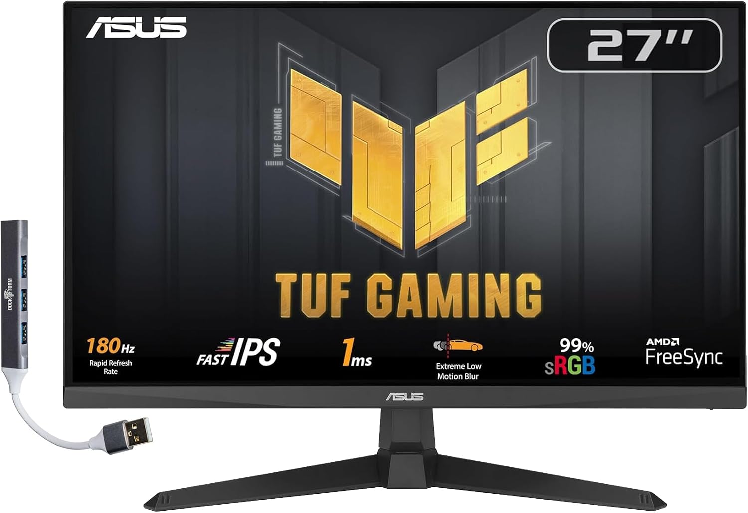 ASUS TUF Gaming 27' 1080P FHD IPS Monitor with 1ms Response Time, 180Hz, Anti Glare, Flicker Free, VESA Mount, Built-in Speakers, Displayport, HDMI & Dockztorm USB Port Expander, Black (VG279Q3A)
