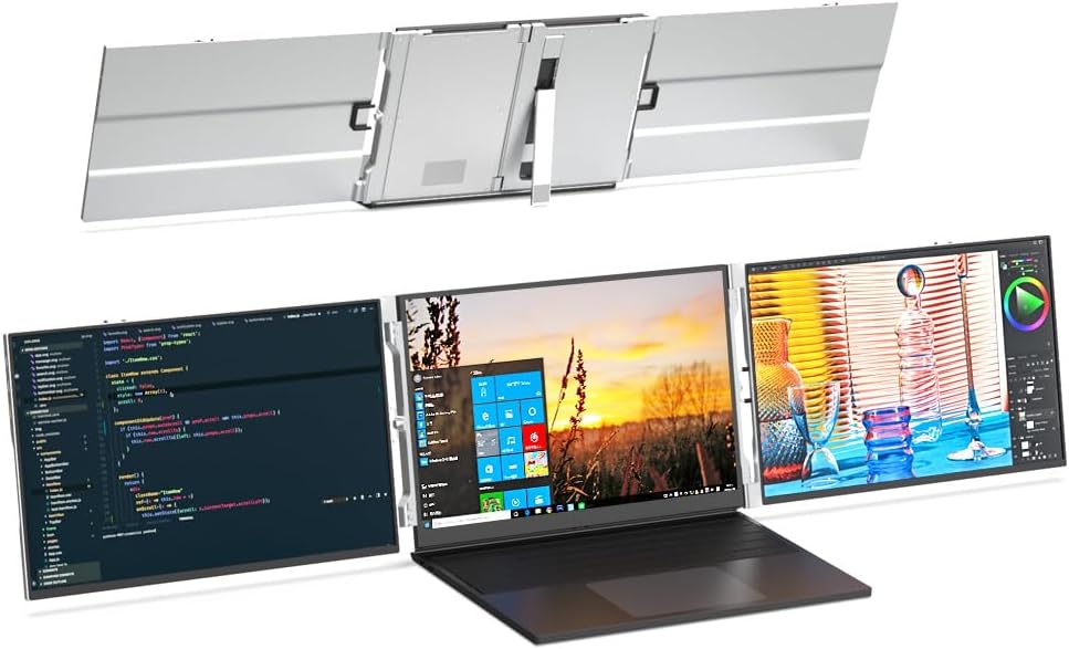 VSDISPLAY 15'' Triple Laptop Screen Extender, 1920x1080 IPS Foldable Dual Monitors for Laptop, USB-C & Mini H/D Portable Travel Display for 13.3-16'' Laptops