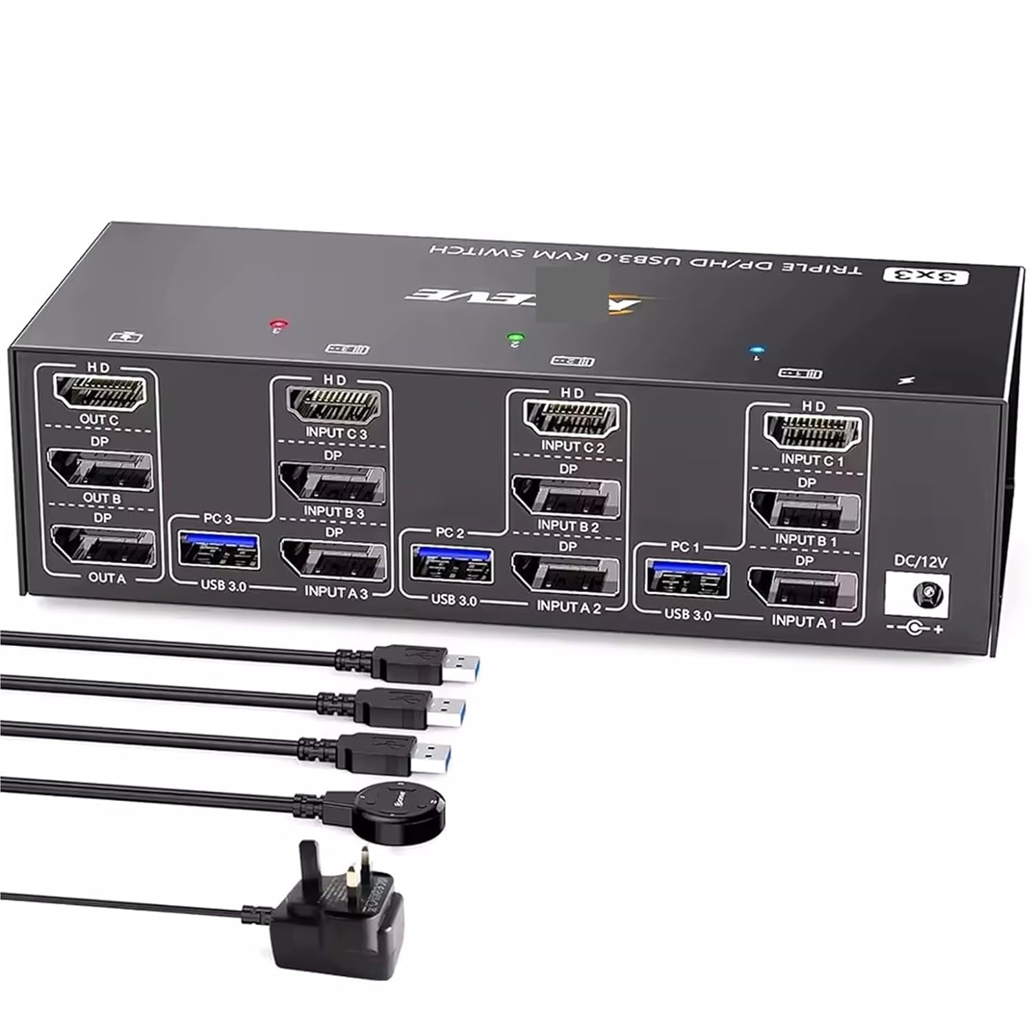 KVM Switch 3 Monitors 3 Computers 8K@60Hz 4K@144Hz, HDMI+2 Displayport KVM Switch Triple Monitor for 3 Computer Share 3 Monitor(UK Plug)