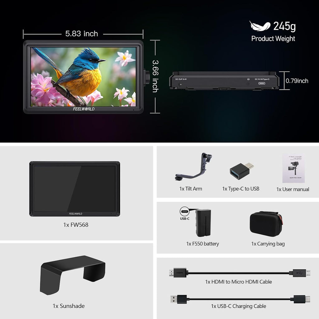 FEELWORLD S55 V3 6-Inch Camera DSLR Field Monitor with F550 Battry 2200mAh and Case, 1920x1080P Small Full HD IPS Display, 4K HDMI in/Out 3D LUT Video Waveform Peaking Focus Assist Zebra False Color