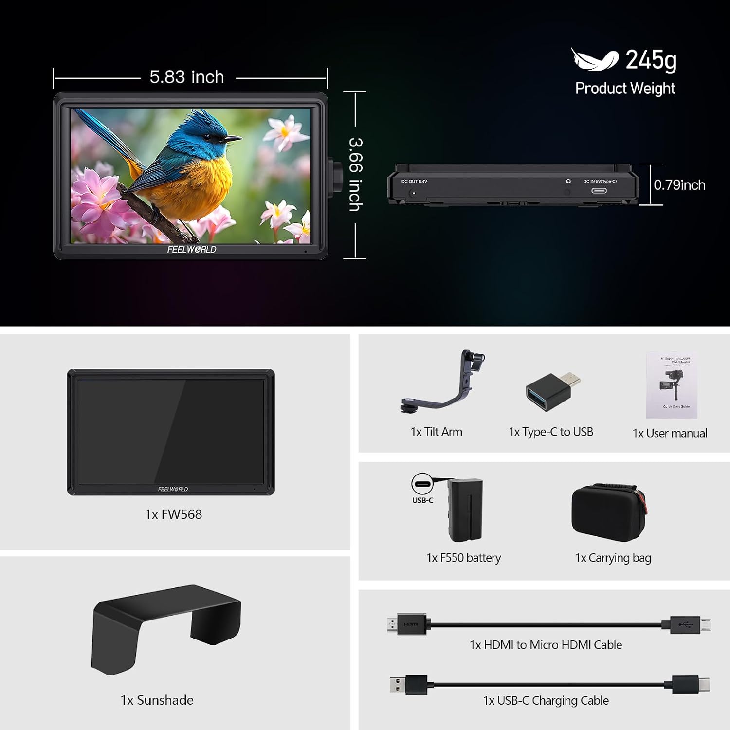 FEELWORLD S55 V3 6-Inch Camera DSLR Field Monitor with F550 Battry 2200mAh and Case, 1920x1080P Small Full HD IPS Display, 4K HDMI in/Out 3D LUT Video Waveform Peaking Focus Assist Zebra False Color