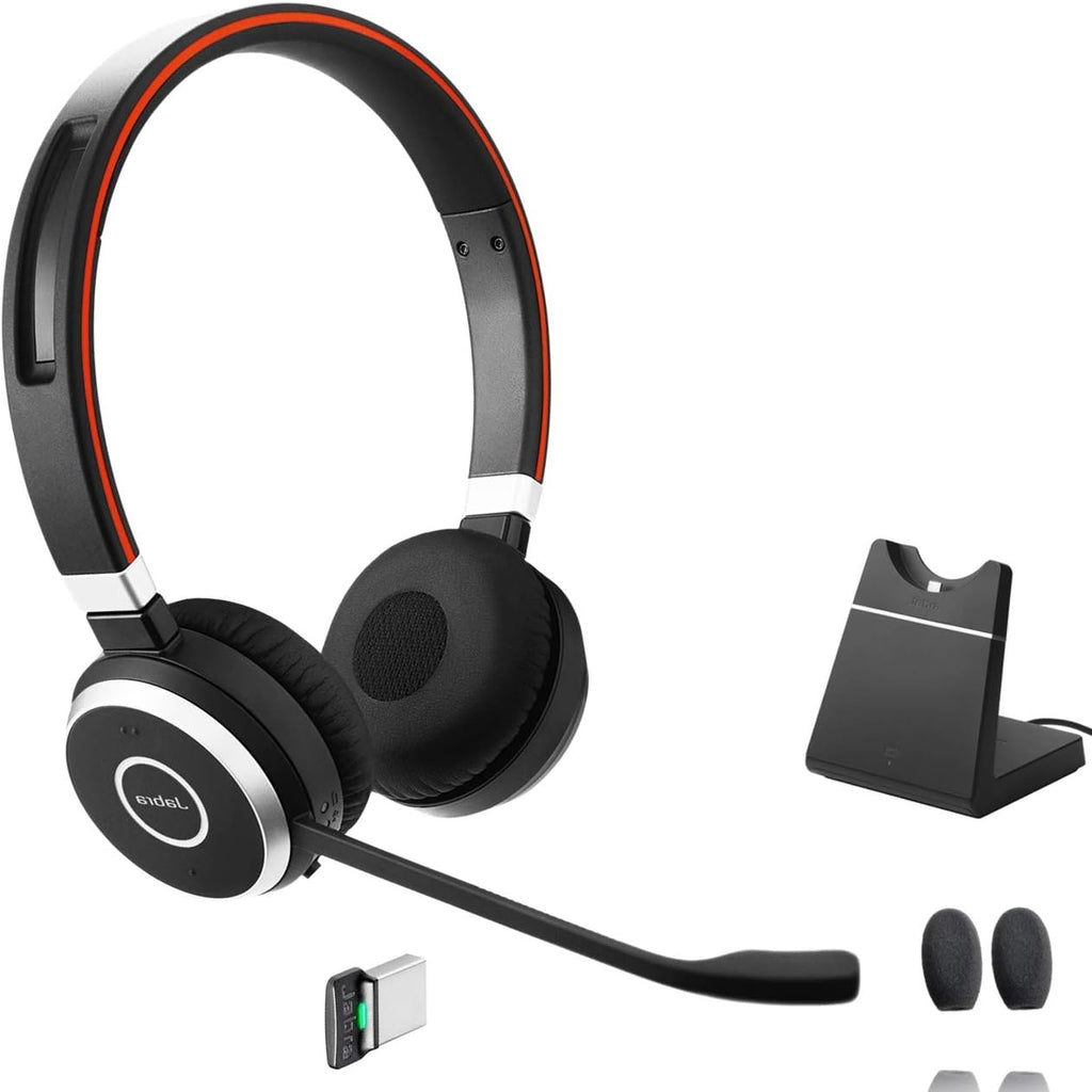 Jabra Evolve 65 Bluetooth Stereo Headset Bundle, MS Version, Two Mic Cushions, USB Dongle, Charging Stand, Compatible for Skype for Business, Lync, Teams, Voice & Video Apps, Smartphones, Pc, Mac