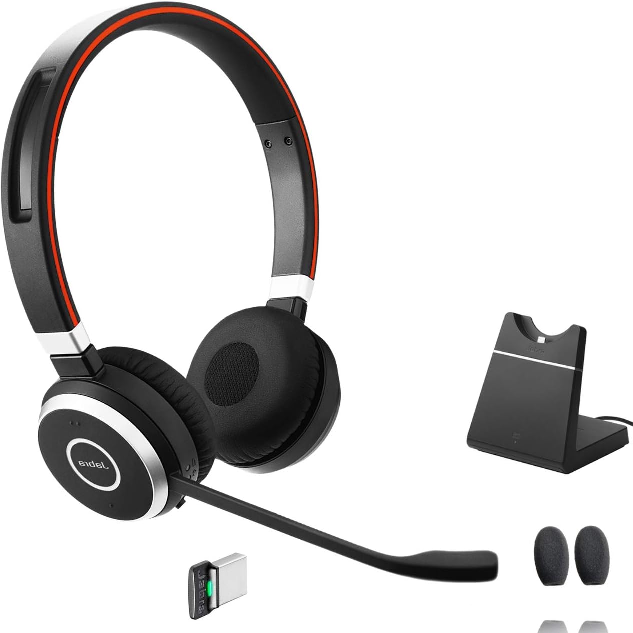 Jabra Evolve 65 Bluetooth Stereo Headset Bundle, MS Version, Two Mic Cushions, USB Dongle, Charging Stand, Compatible for Skype for Business, Lync, Teams, Voice & Video Apps, Smartphones, Pc, Mac