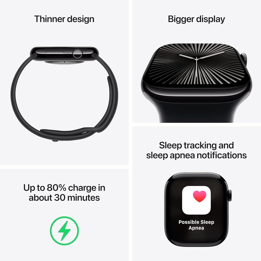 Apple Watch Series 10 [GPS + Cellular, 42mm] - Jet Black Aluminum Case with Black Sport Band, S/M (Renewed)