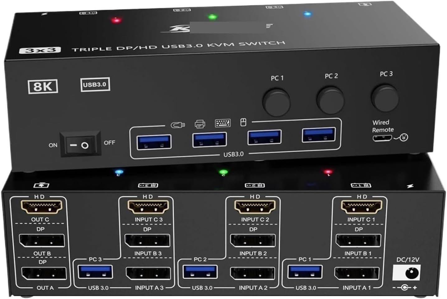 KVM Switch 3 Monitors 3 Computers, 8K@60Hz 4K@144Hz Triple Monitor KVM, 1 HDMI + 2 Displayport KVM Switch with 4 USB 3.0 Ports(US Power Plug)