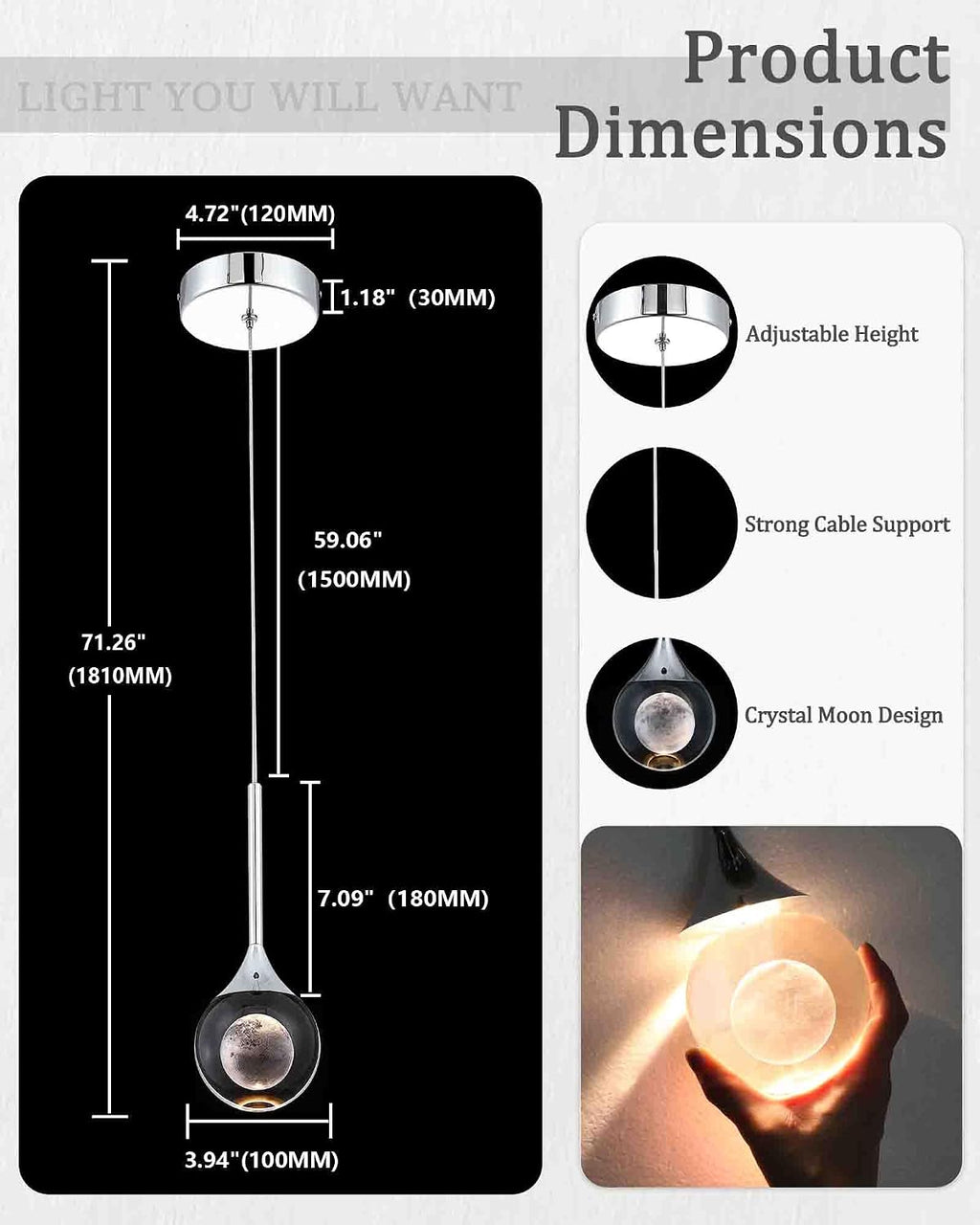 2 Pack Modern Crystal Moon Pendant Lights, Dimmable Natural White (3000K) LED Hanging Light Fixture for Kitchen Island Dining Room Bar Bedroom, Chrome Finish