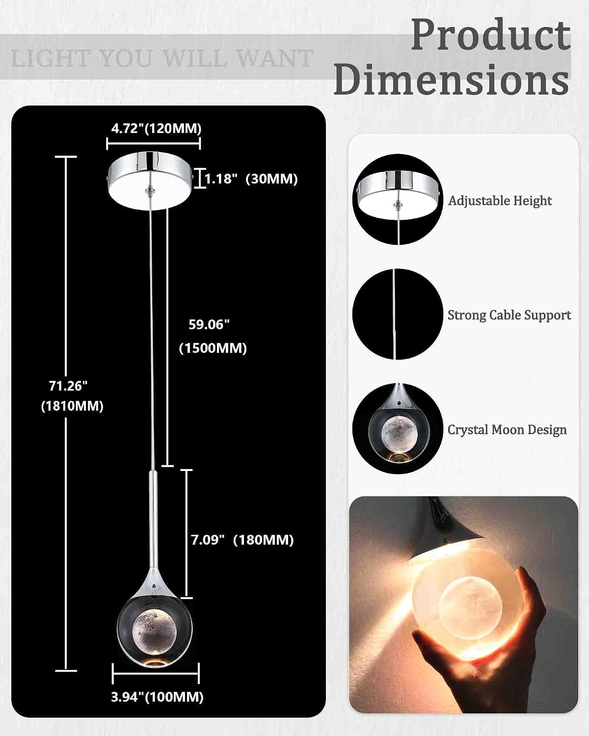 2 Pack Modern Crystal Moon Pendant Lights, Dimmable Natural White (3000K) LED Hanging Light Fixture for Kitchen Island Dining Room Bar Bedroom, Chrome Finish