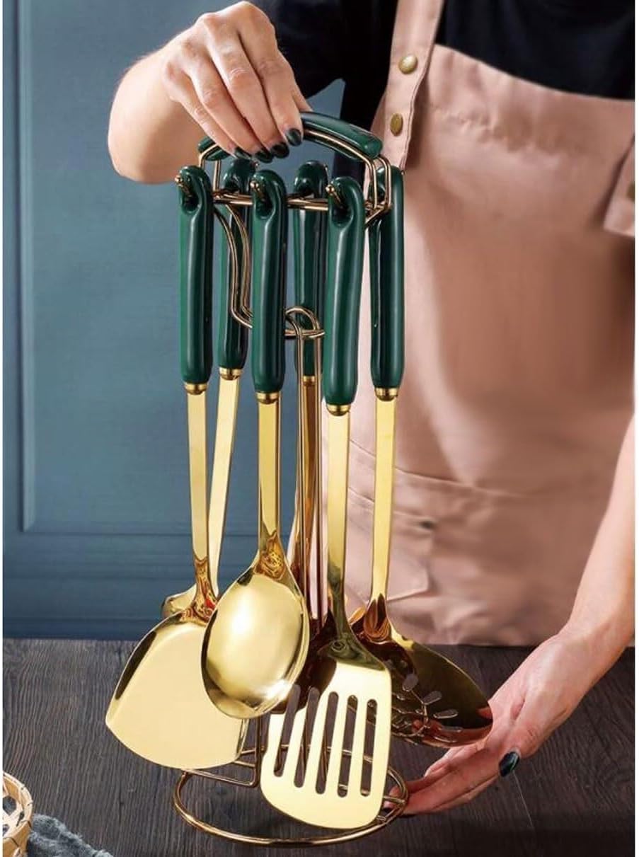 7-Piece Stainless Steel Cooking Utensils Set, Spoons & Spatulas with Storage Shelf, Ceramic Handle Kitchen Gadgets，Pink-One Size
