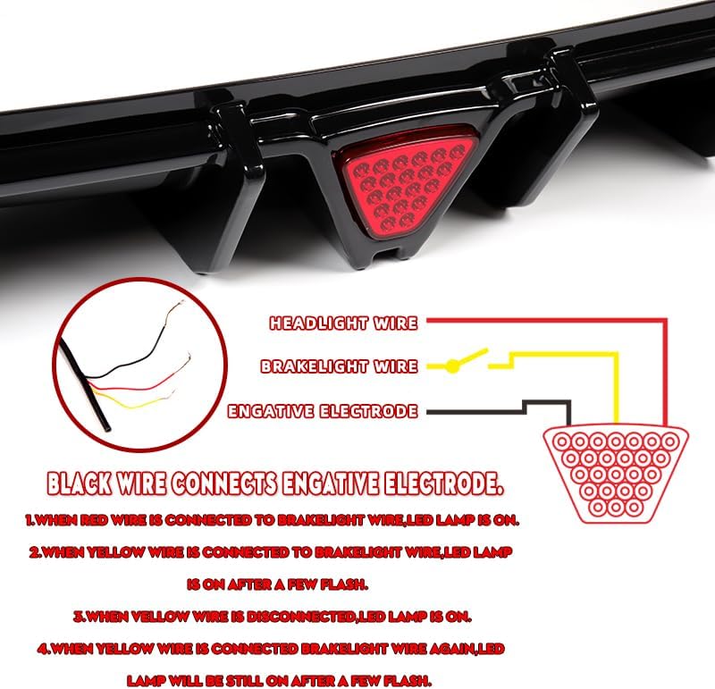 Stay-Tuned Rear Bumper Diffuser Spoiler Lip W/LED Brake Light Compatible with 2014-2017 Infiniti Q50, Auto Body Kit Replacement Parts, Car Mods Exterior Accessories (Painted Black/Red LED)