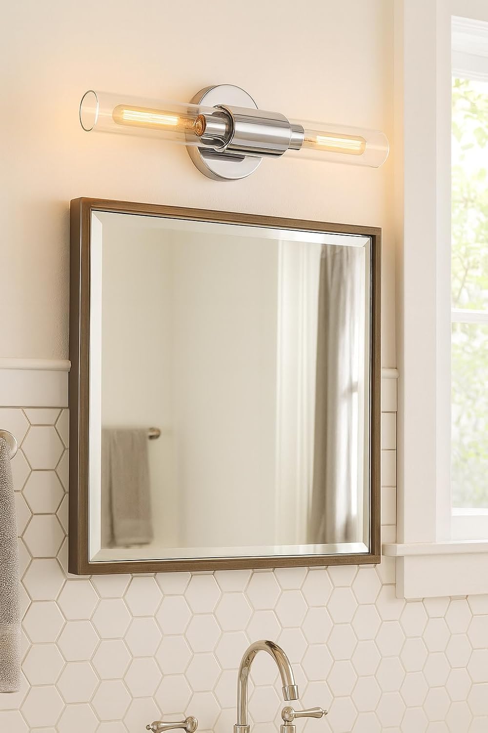 Lark Shea Two-Light Bath Vanity Fixture, Cylindrical Clear Glass Shades, Mount Vertically or Horizontally, Chrome