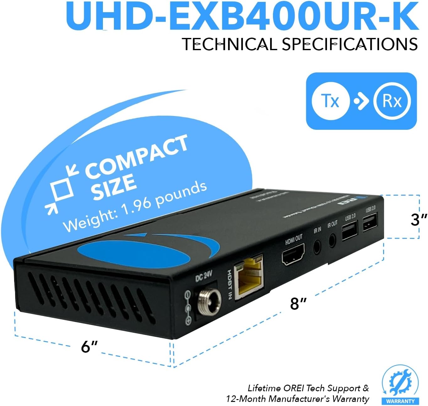 OREI 4K USB 2.0 HDMI Extender Over LAN HDBaseT PoC Single CAT5e/CAT6A/CAT7 Cable 4K @ 60Hz - Up to 400 Ft 4:4:4 - KVM Webcam Remote Keyboard Mouse USB Control - Digital Full HD