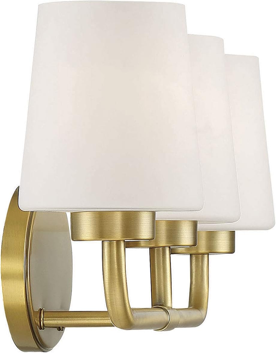 Savoy House 8-4090-3-322 Capra Mid-Century Modern White Opal Glass Bathroom Vanity Wall Light, 3-Light 180 Total Watts, 9' H x 22' W, Warm Brass