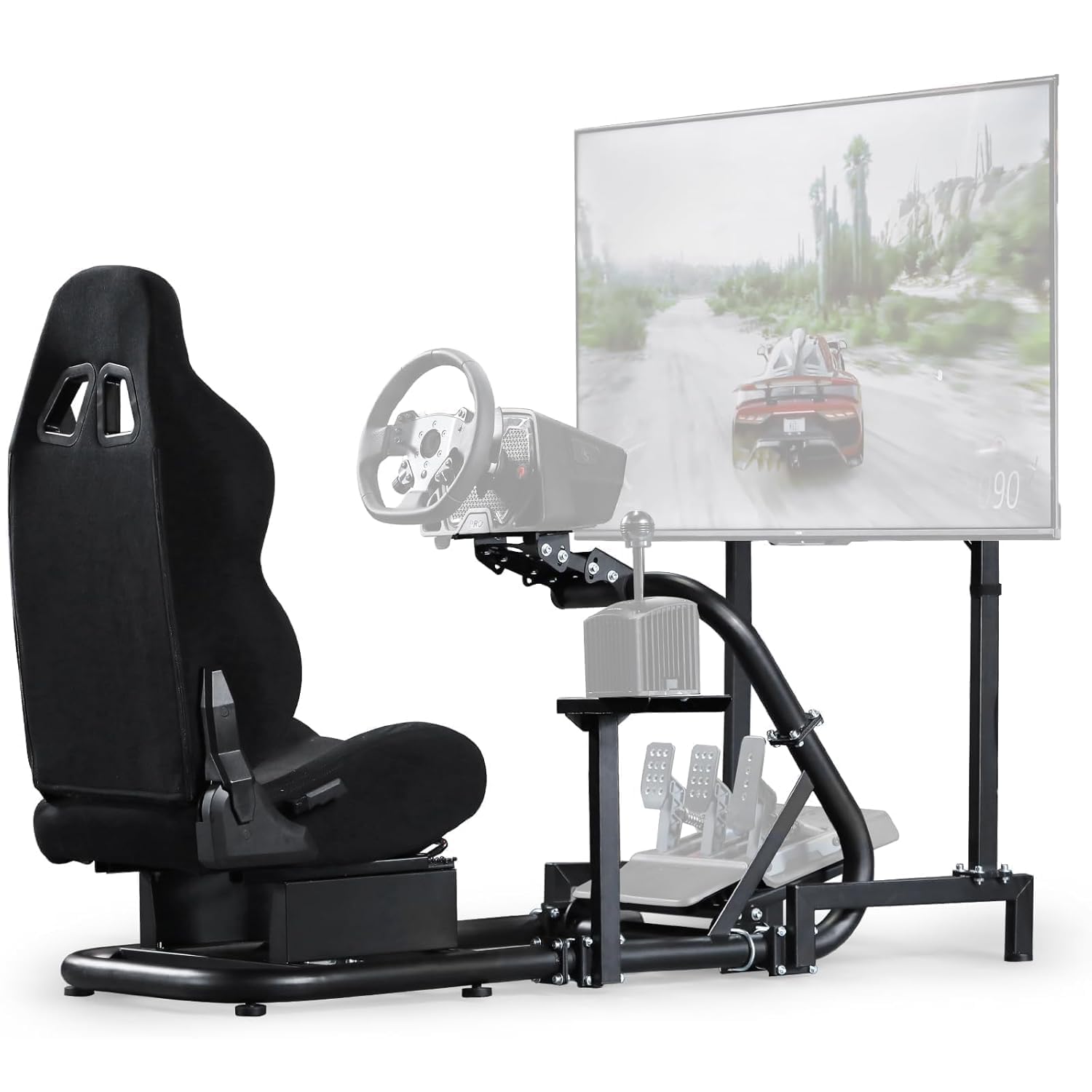 Marada Driving Racing Simulator Cockpit with Monitor Stand & Black Seat Fit for Fantec, for Logitech G923 G25 G920, for Thrustmaster T500 Wheel and Pedals Not Included