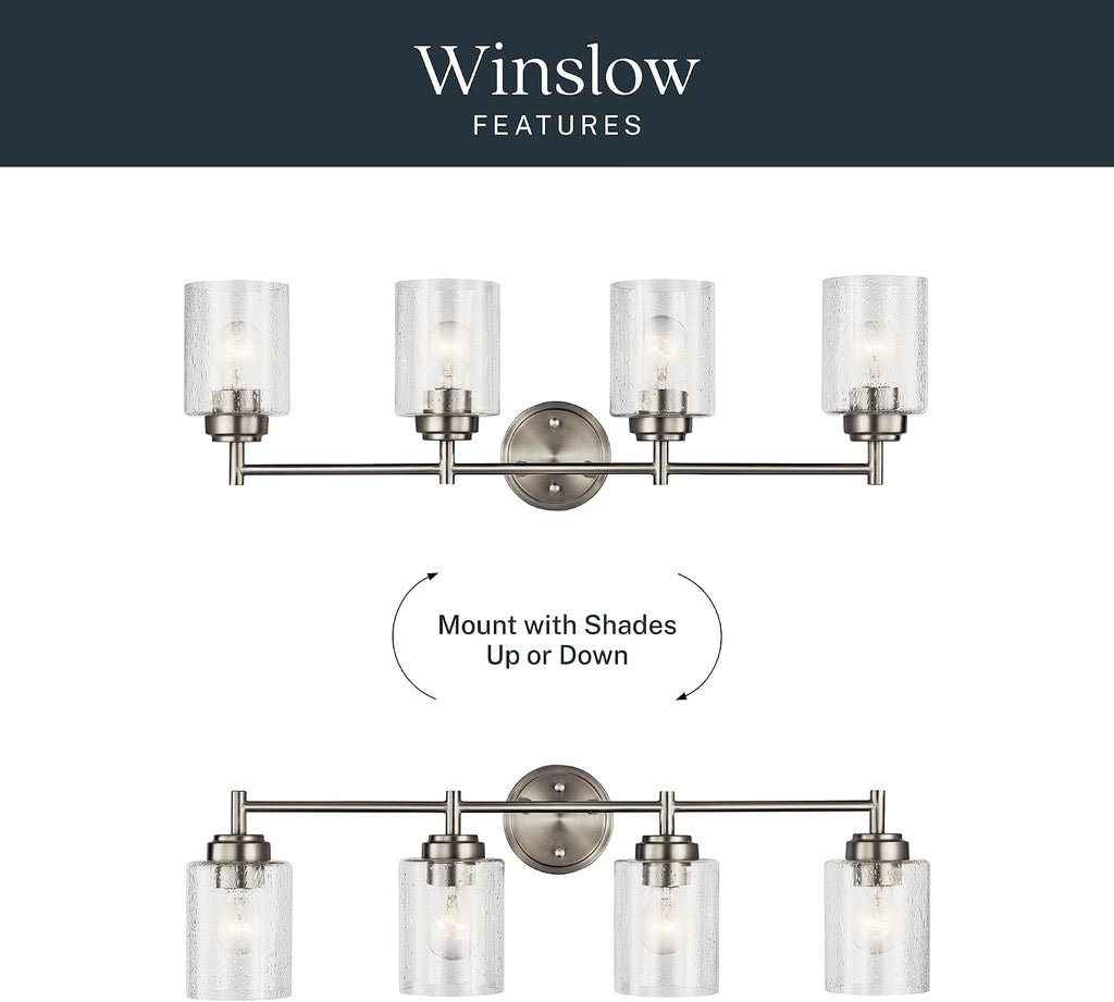 Kichler Winslow 30' Vanity Light in Brushed Nickel, 4-Light Transitional Bathroom Light with Clear Seeded Glass. (30' W x 9.25' H), 45887NI