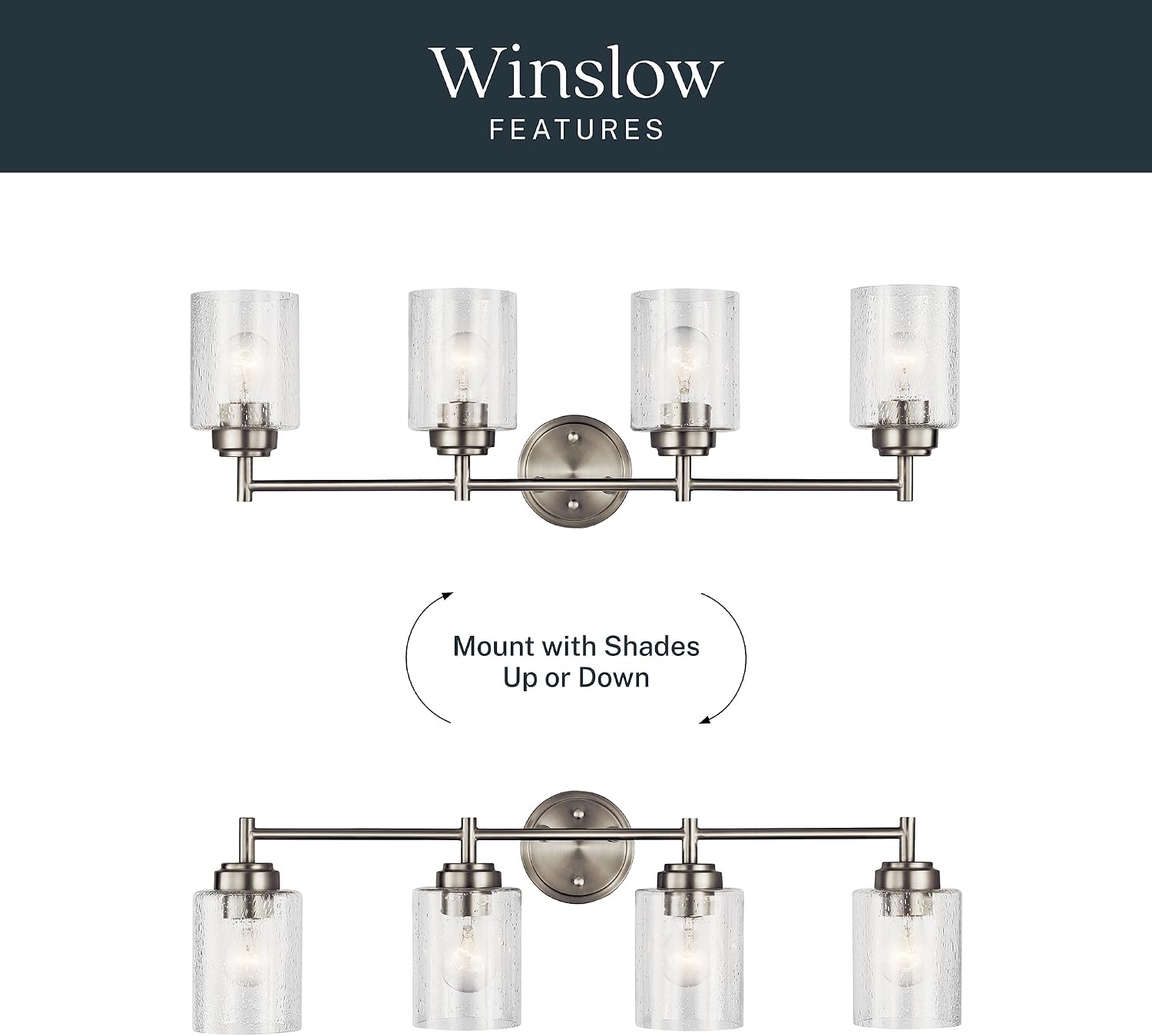 Kichler Winslow 30' Vanity Light in Brushed Nickel, 4-Light Transitional Bathroom Light with Clear Seeded Glass. (30' W x 9.25' H), 45887NI