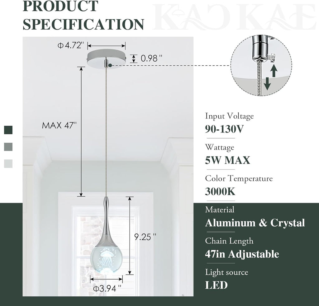 LED Pendant Light Kitchen Island Jellyfish Crystal Pendant Lights Dimmable Chrome Modern Hanging Light for Bedroom Bathroom Living Room 6000K Cool White, 3 Pack