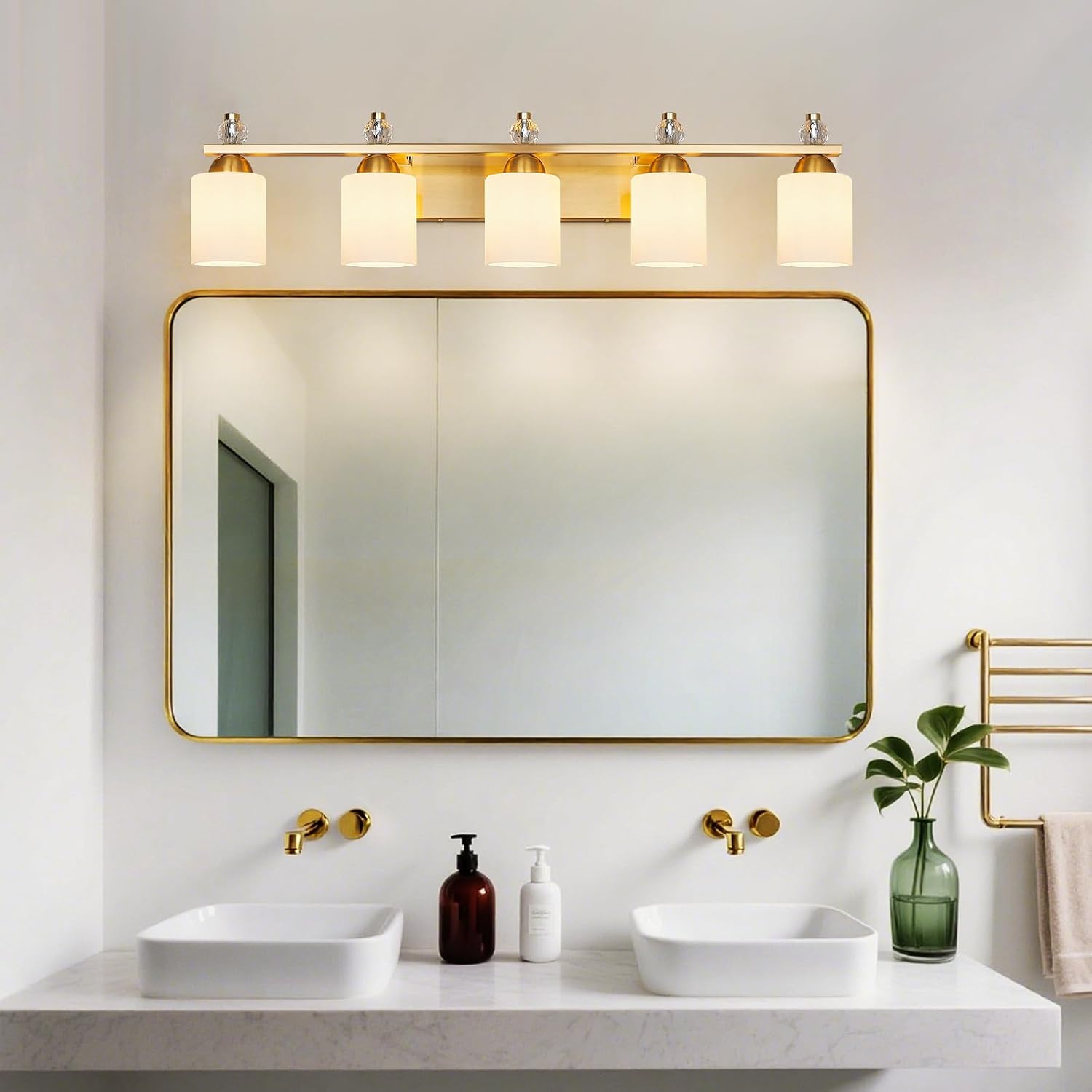 White Glass Bathroom Vanity Light 5 Light Mid Century Gold Bathroom Lighting Fixtures Over Mirror Modern Vanity Lighting Wall Mount for Bathroom Mirror Hallway(Bulbs Not Included)