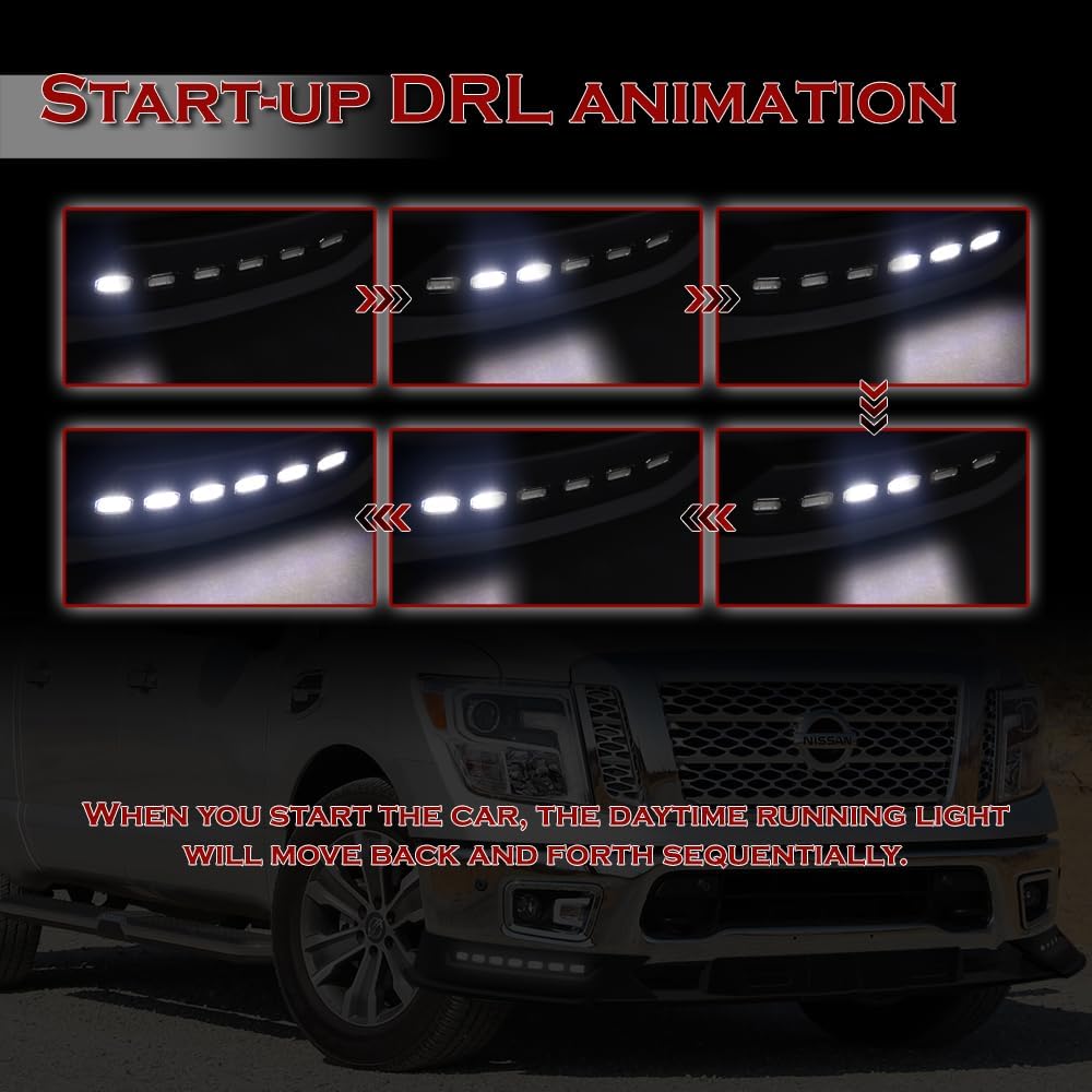 Stay-Tuned, 4PC STP-Style ABS Front Bumper Lip Spoiler Splitter w/LED Sequential Running Light, Compatible with 2017-2019 Nissan Titan, Replacement Exterior Accessory (+ Running Lights)