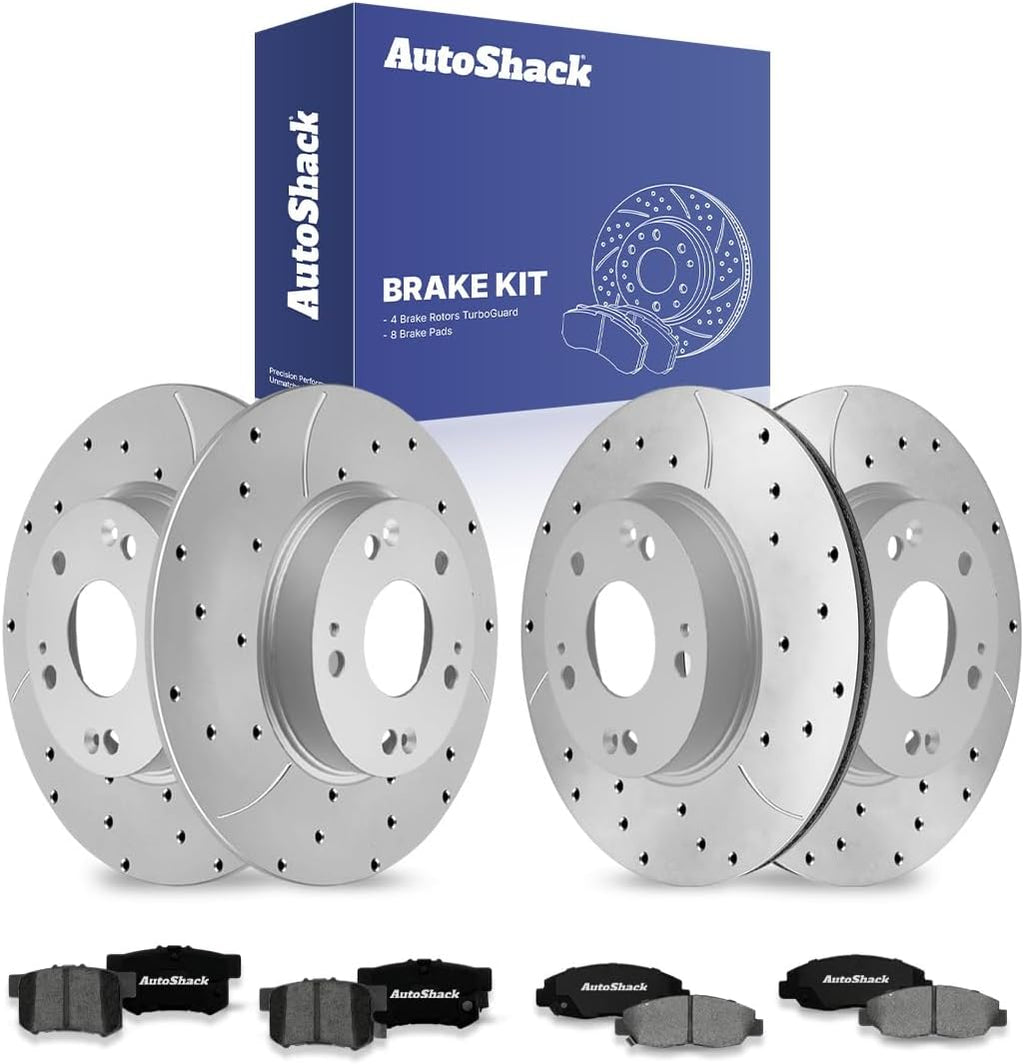 AutoShack Front & Rear Brake Rotors & Premium Pads for Honda, Civic 2006-2011, FWD L4 1.8L - Coated Drilled & Slotted - Silver Matte Finish - TurboGuard