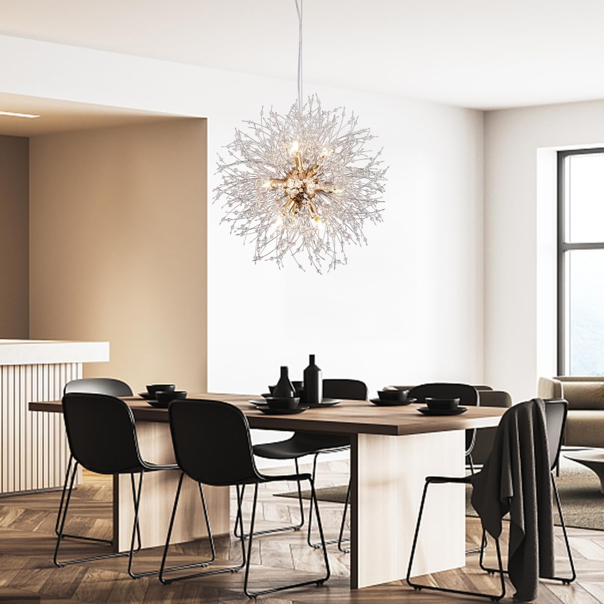 Firework Gold Crystal Chandelier, 9-Light Dandelion Chandelier Lighting for Dining Room, 19.6' Modern Sputnik Pendant Light for Bedroom Kitchen Island
