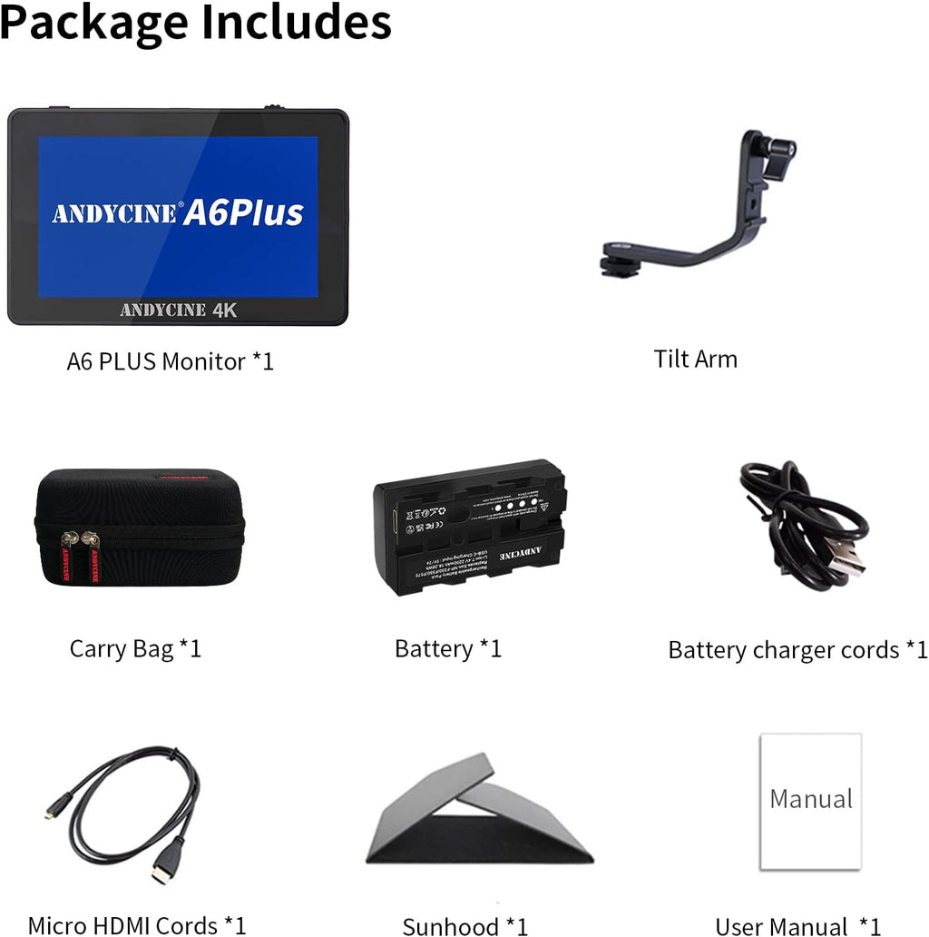 ANDYCINE A6 Plus V2 6' Touch Screen Camera Field Monitor Bundle - Full HD 1920x1080, 4K HDMI Input, 3D LUT, Waveform, Focus Assist with Battery, Carry Case & Sunshade