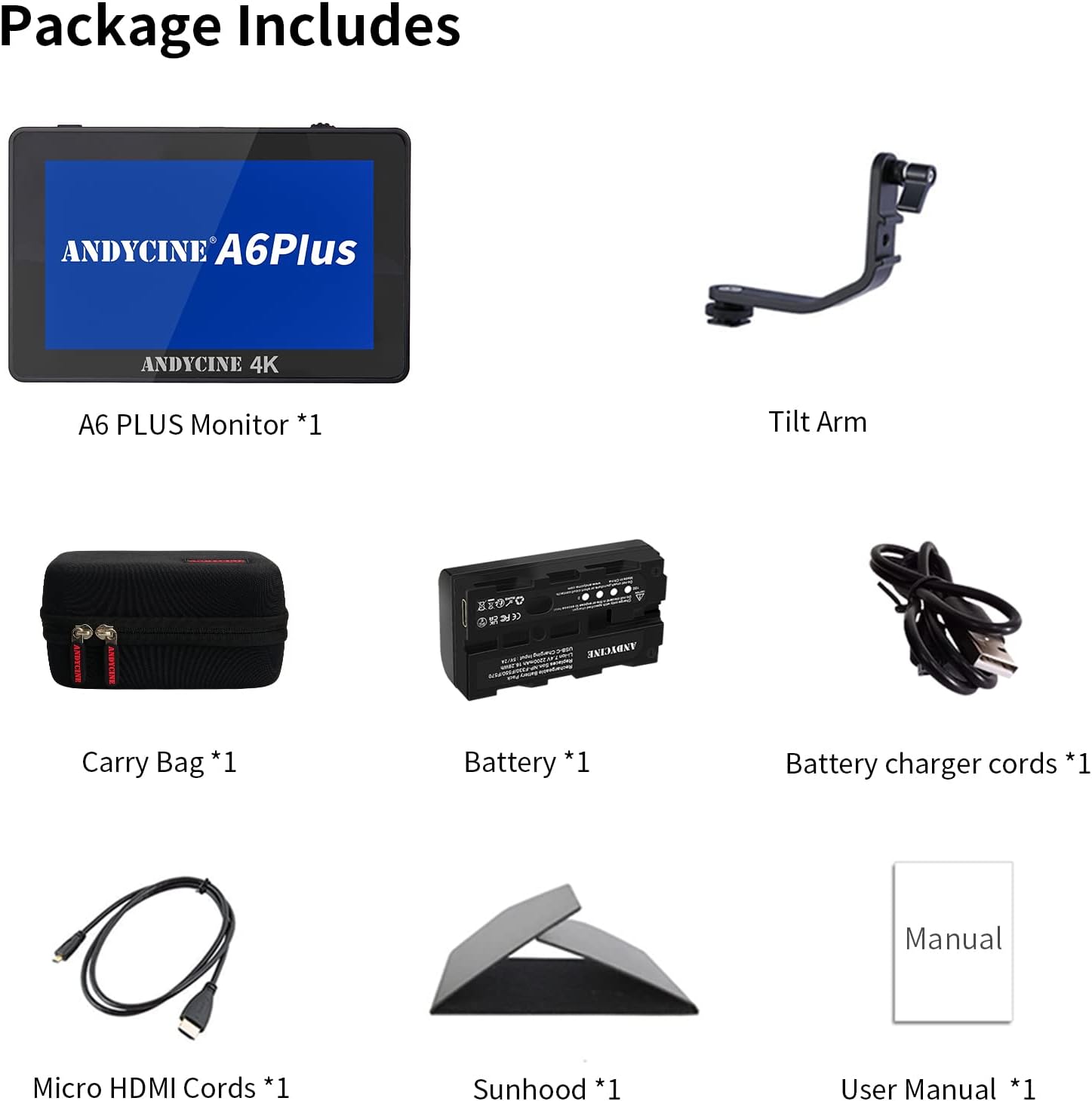 ANDYCINE A6 Plus V2 6' Touch Screen Camera Field Monitor Bundle - Full HD 1920x1080, 4K HDMI Input, 3D LUT, Waveform, Focus Assist with Battery, Carry Case & Sunshade