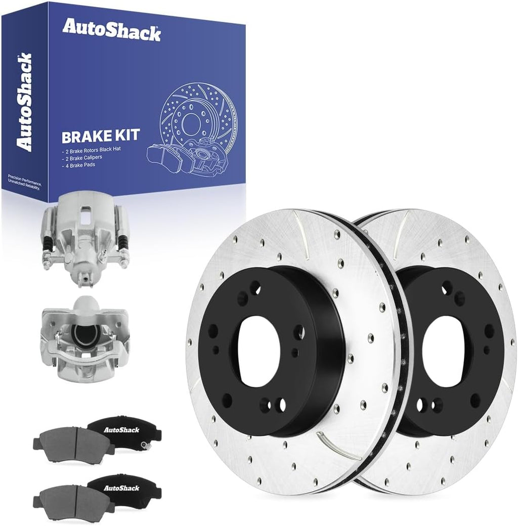 AutoShack Front Brake Rotors, Ceramic Pads & Calipers for Honda, Civic 2006-2011, FWD L4 1.3L - E-Coated Drilled & Slotted - ShadowGuard - 10.31' (261.9 mm), 5-Lug