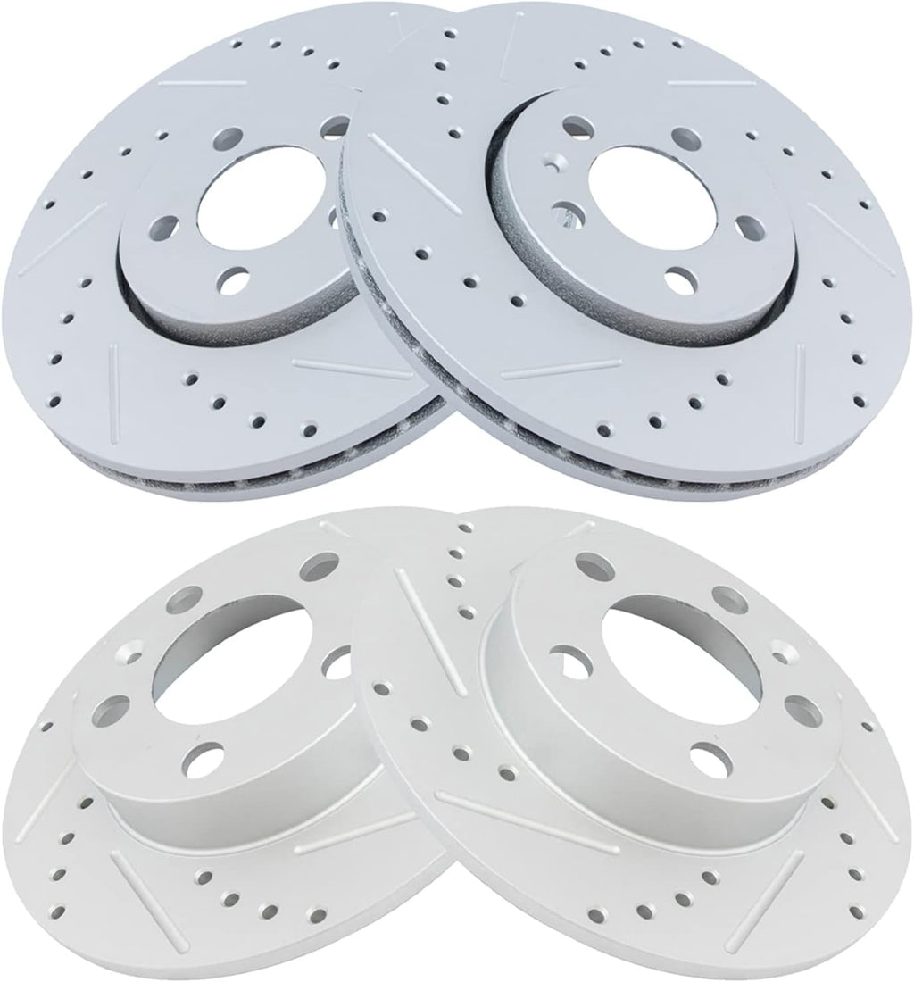 TRQ Performance Front and Rear Brake Rotor Set G Coated Drilled and Slotted Compatible with 1999-2010 Volkswagen Beetle 1999-2006 Golf 1999-2005 Jetta