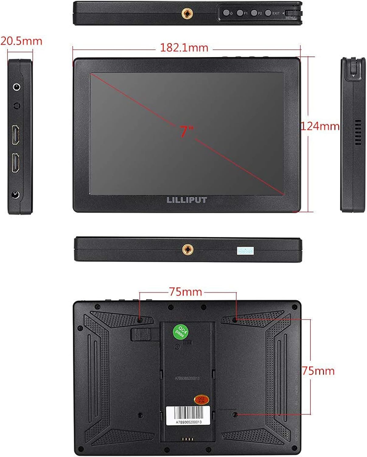 LILLIPUT A7S 7' 1920x1200 IPS Screen Camera Field Monitor 4K HDMI Input Output Video for DSLR Mirrorless Camera Sony A7S II A6500 Panasonic GH5 Canon 5D Mark IV DJI Ronin M Black VIVITEQ Exclusively