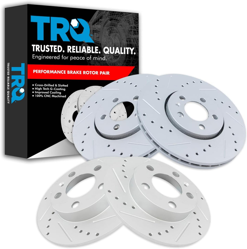 TRQ Performance Front and Rear Brake Rotor Set G Coated Drilled and Slotted Compatible with 1999-2010 Volkswagen Beetle 1999-2006 Golf 1999-2005 Jetta