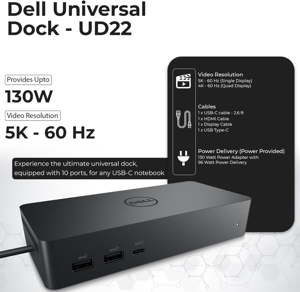 UD22 Dell Docking Station Dual Monitor Bundle - USB-C/USB-A Universal Dell Dock for Laptops Comes with 130W Adapter + Anyhdd HDMI, DisplayPort, USB-C Cables & Cloth - Supports Dual/Triple/4 Monitors
